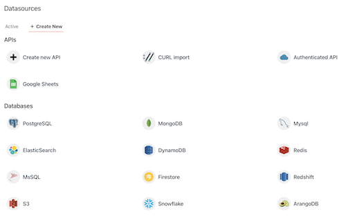 Screenshot of datasources available in the appsmith system