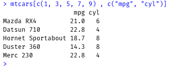 mtcars 5 rows 2 cols