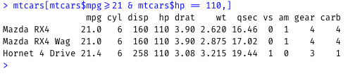 mtcars filtered on mpg >=21 and hp equal to 110